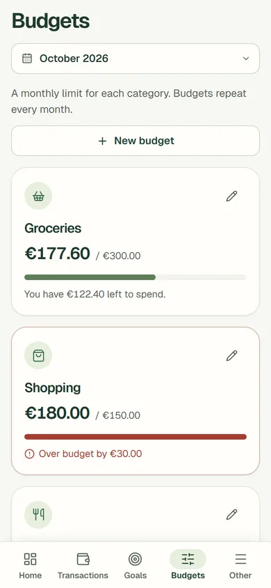 The demo’s category budgets, with what has been spent and what is still available. Sample data.