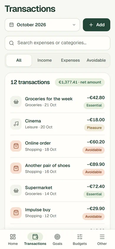 The demo’s list of transactions on a phone, with the category, amount and rating of each expense. Sample data.