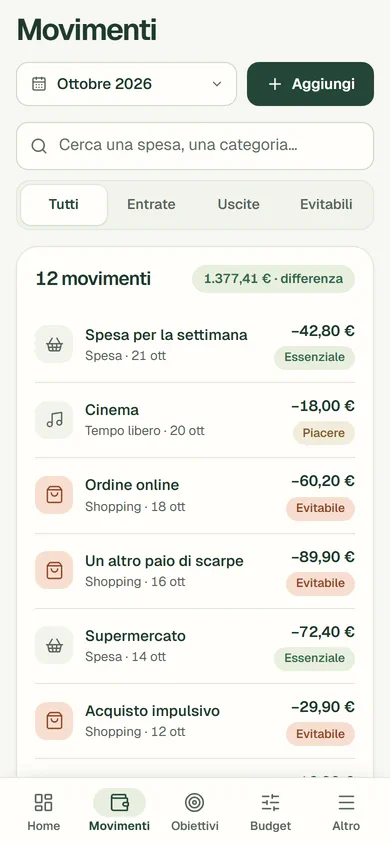 L’elenco dei movimenti della demo su telefono, con categoria, importo e valutazione di ogni spesa. Dati di esempio.