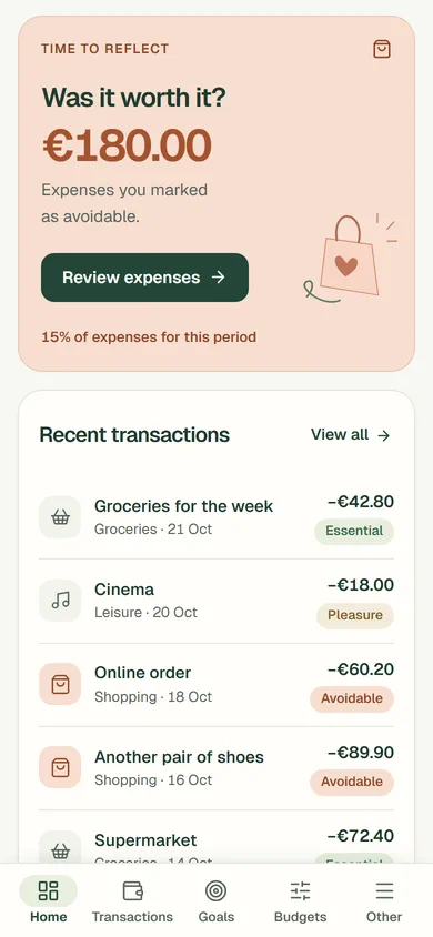 The “Was it worth it?” card in the demo, with the total of the expenses marked as avoidable. Sample data.
